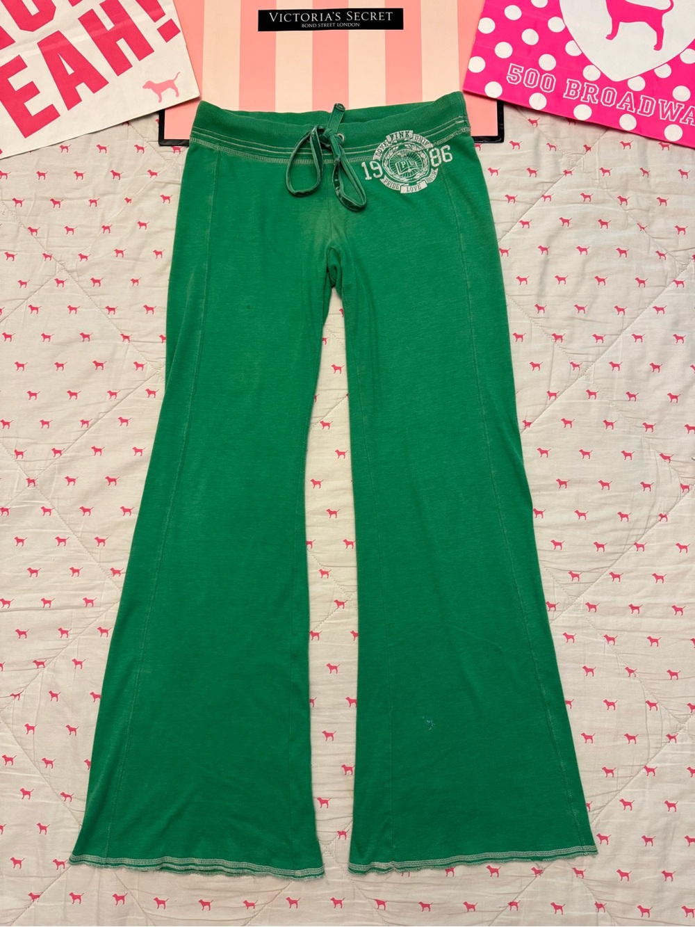 VS PINK VINTAGE Y2K FLARE SWEATPANTS GREEN & WHITE 1986 LOVE BOOTY LOGO RARE XS